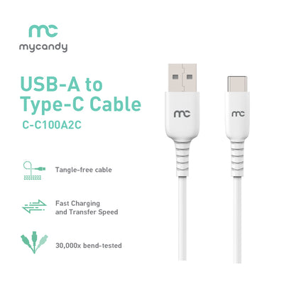 USBA to Type-C Charging and Data Cable for Android phones and iPhones and Tablets C100 White Cable 1.2m