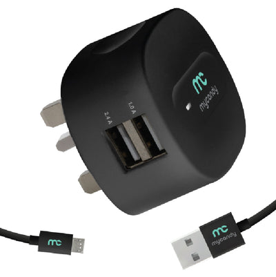 3.4A TRAVEL DUAL USB CHARGER WITH MICRO USB CABLE 1M BLACK