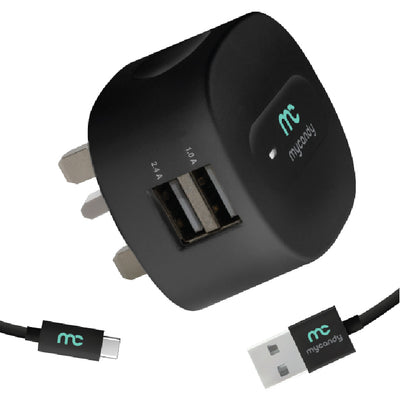 3.4A TRAVEL DUAL USB CHARGER WITH MICRO USB CABLE 1M BLACK