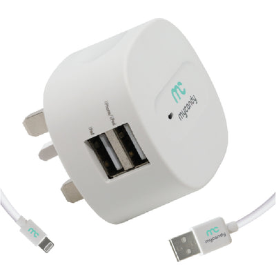 3.4A DUAL USB TRAVEL CHARGER WITH MFI LIGHTNING 1M WHITE