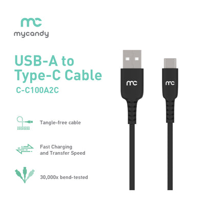 USBA to Type-C Charging and Data Cable for Android phones and iPhones and Tablets C100 Black Cable 1.2m.