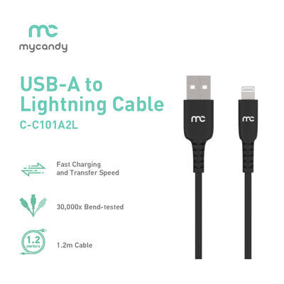 USB-A to Lightning Cable with both charging and data. C101 A2L Black Cable.