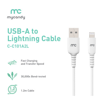 USB-A to Lightning Cable with both charging and data. C101 A2L White Cable.