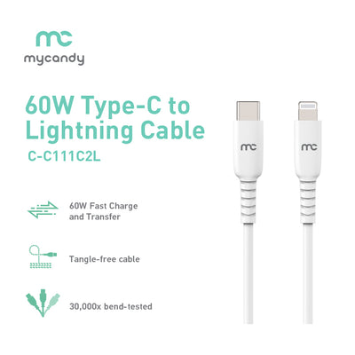Supercharge with the 60W Type-C to Lightning charging and data cable C111 C2L White Cable.