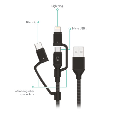 3 IN 1 MICRO USB TYPE C AND MFI LIGHTNING CHARGE CABLE 1.5M BLACK