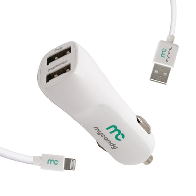 3.4A DUAL USB CAR CHARGER WITH MFI LIGHTNING CHARGER 1M WHITE
