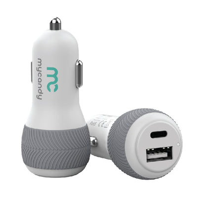32W Dual Type-C & USB Car Charger With Type-C To Lightning Cable